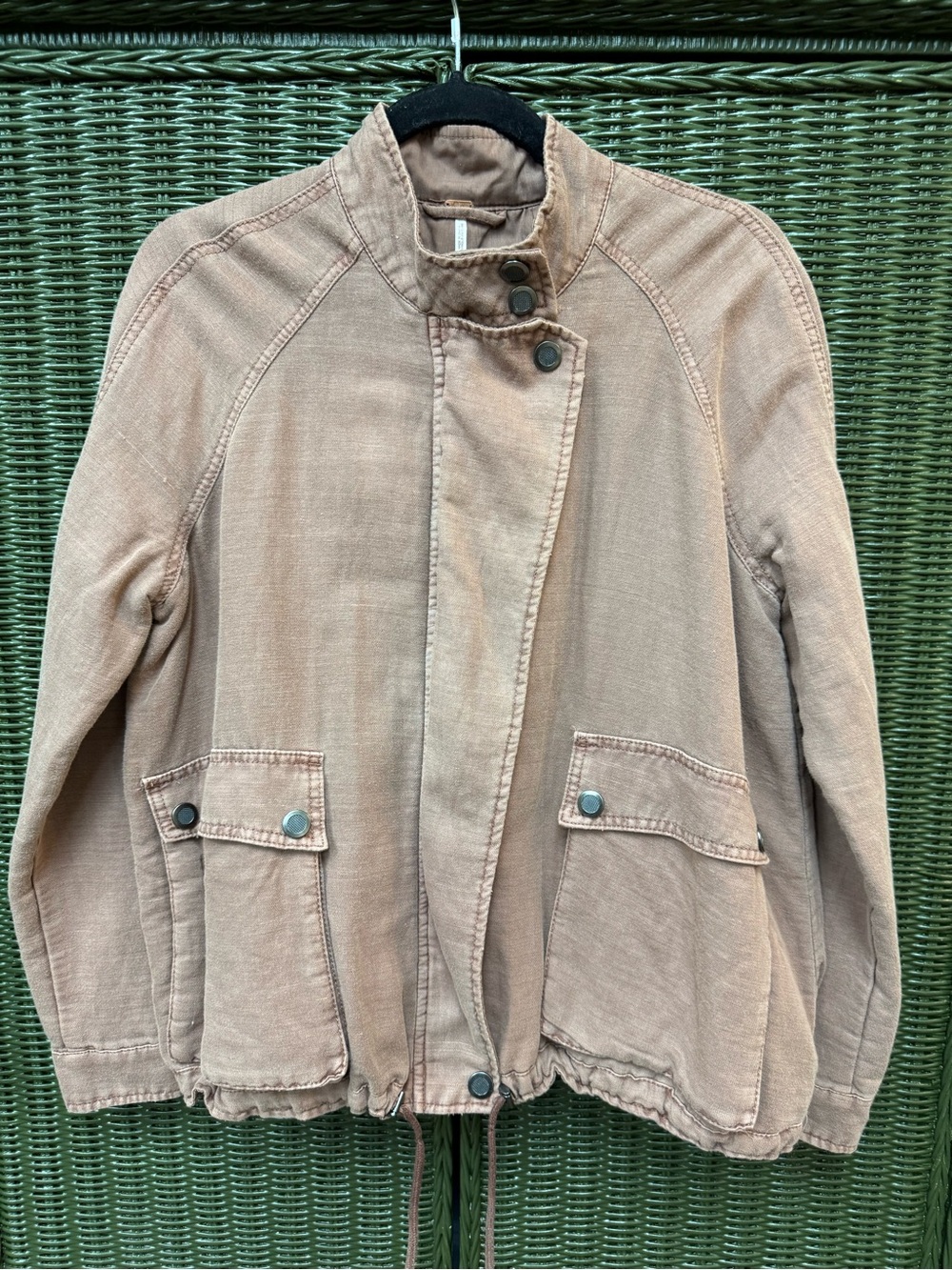 Freew People Linen Cotton Utility Military Cargo Jacket Drawstring Hem Taupe S